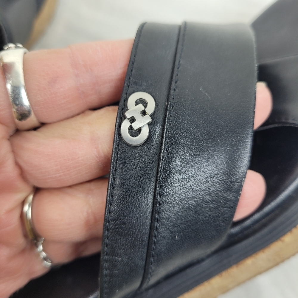 Cole Haan black leather cross design wedge sandals cork platform heel minimal 6 - Picture 2 of 12